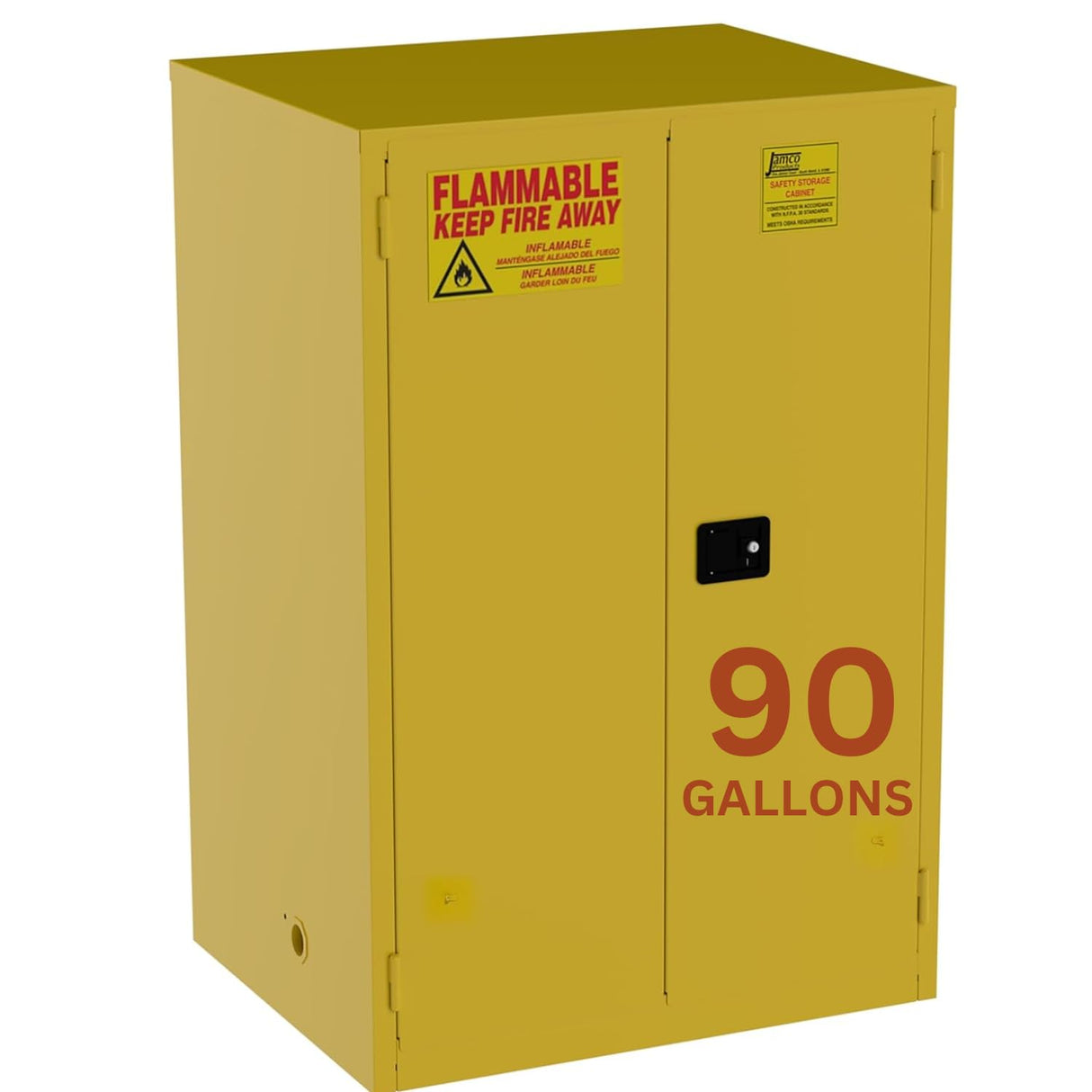 Jamco 90 Gallon Flammable Safety Cabinet, Steel Flammable Storage Cabinet with Lockable Self-Closing Doors, Non Forkliftable, 43" x 34" x 65", Yellow Jamco