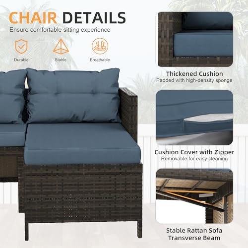 Shintenchi Outdoor Patio Furniture Sets, Wicker Patio sectional Sets 3-Piece, All Weather Wicker Rattan Patio Seating Sofas with Glass Coffee Table and Cushion (Blue) Shintenchi