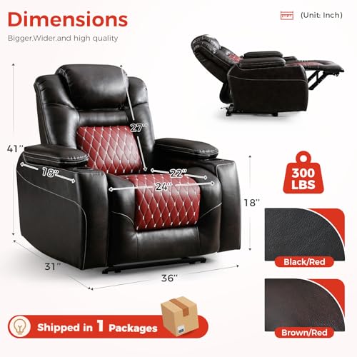 ANJ Electric Power Recliner Chair with Adjustable Powered Headrest, Faux Leather Home Theater Seating Overstuffed Reclining Furniture with USB Ports, Cup Holders, Hidden Arm Storage (Brown/Red)