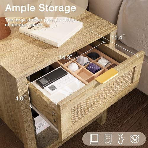 KIGOTY Farmhouse Rattan Nightstand Set of 2, Bedside Table with Drawer,Open Compartment, Side Table with Storage, End Table for Bedroom,Oak KIGOTY