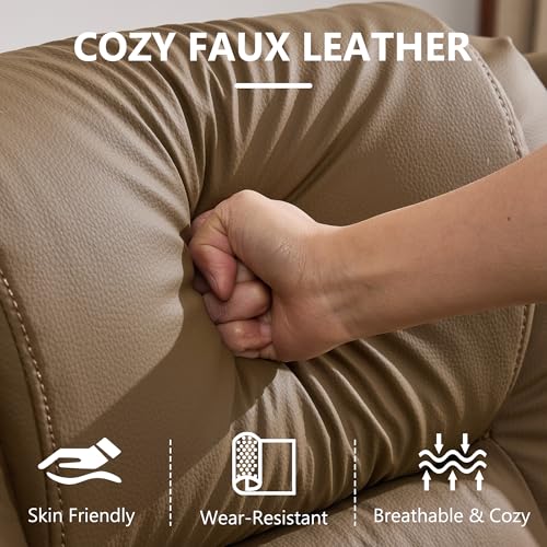 DRMBOOK Power Loveseat Recliner Sofa, Faux Leather Wall Hugger Reclining Couch with Console, Electric Double Reclinable Movie Seating 2 Person Recliner with LED/USB/Type C/Bluetooth Speakers, Khaki