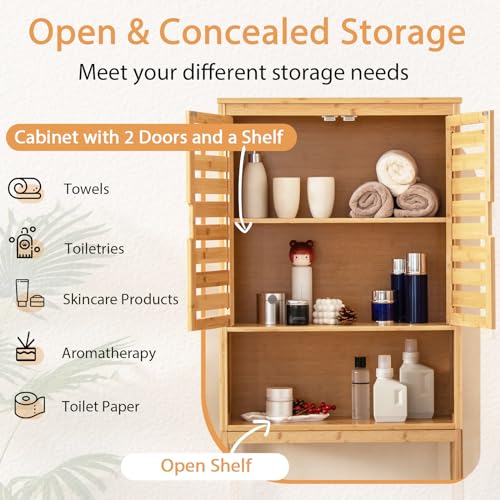 Tangkula Over The Toilet Storage Cabinet, Tall Natural Bamboo Bathroom Shelf Over Toilet with 2 Doors & Open Shelf, Freestanding Toilet Bathroom Space Saver, 24.5 x 9 x 67 Inch (Natural) Tangkula