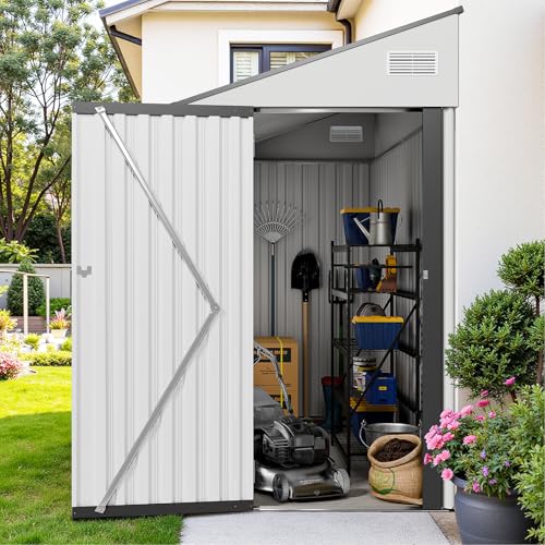 Lyngins 4x8 Lean to Metal Shed - White, Heavy-Duty Outdoor Storage for Bikes, Tools, Lawn Mowers & Firewood, Rust-Resistant Wall Side Design Sheds with Lockable Door, Waterproof Coating & Sloped Roof Lyngins