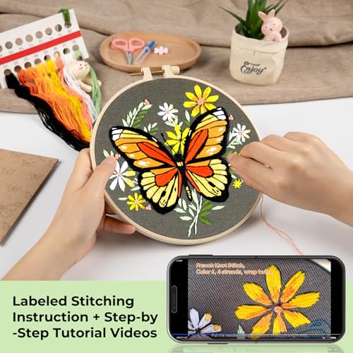 HTVRONT Embroidery Kit for Beginners, Butterfly Embroidery Kits with Step-by-Step Video Tutorials, Simple 6 Stitches Beginner Embroidery Kit for Adult Crafts
