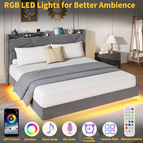 GarveeHome King Floating Bed Frame with LED Lights & Charging Station, Upholstered Platform Beds with Storage Headboard & Folding Shelves Storage, Metal Slats Support, No Box Spring Needed, Grey GarveeHome