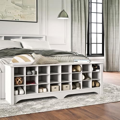 Prepac White Hall Bench with Storage and Seating: 24-Shoe Cubby Bench, Ideal White Shoe Rack for Entryway, Sized 15.5" D x 60" W x 20.25" H Prepac