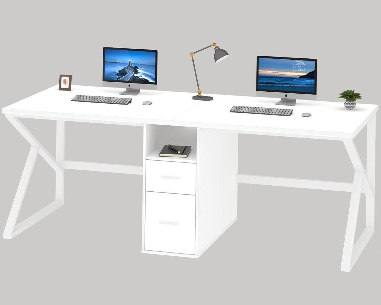 IBF White Two Person Computer Desk, Long Wood Writing Study Desk with File Drawer, Modern Large Dual Office Desk with Storage Cabinet Shelf, 2 Person Farmhouse Work Executive Double Computer Table, 79 IBF