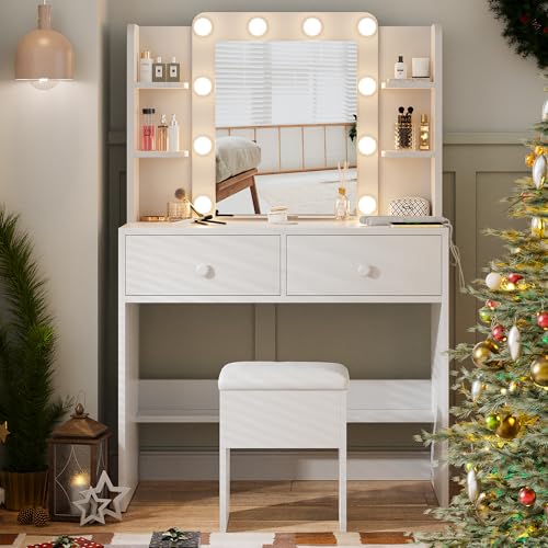 Haewon White Vanity Desk with Mirror and Lights, Makeup Vanity with 10 LED Bulbs and 3 Color Modes, Dressing Table Set with Power Outlets, Storage Drawers and Chair for Bedroom Haewon