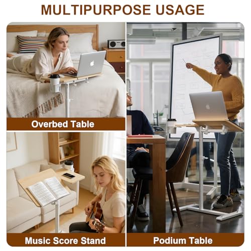 Aothia Small Standing Desk Rolling Table Adjustable Height, Laptop Mobile Stand with Wheels, Overbed Table, Portable Computer Workstation with Tiltable Desktop for Teacher Classroom Home Office, Oak Aothia