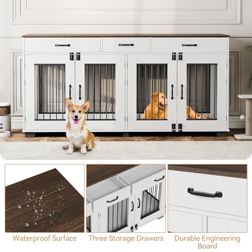 71'' Dog Crate Furniture, Wooden Indoor Dog Kennel for 2 Dogs with 3 Drawers and Removable Room Divider, XXL Double Dog Crate TV Stand End Table with Double Doors for Large Medium Dogs, White GAOMON