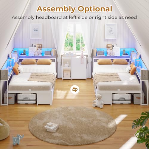 MSmask 14 Inch Corner Bed Frame with Bookcase Storage, Twin Daybed with 6 Drawers, Charging Station and LED Light, Twin Size Metal Platform Bed Frame for Kids Teenagers, White & Oak Grey MSmask
