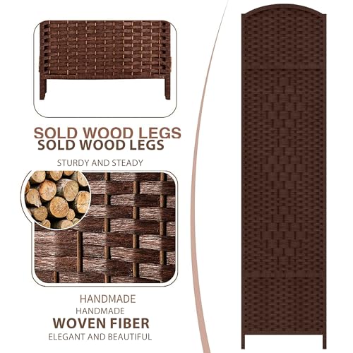 Duraspace 6 Panels Room Divider 6 FT Tall Weave Fiber Freestanding Double Hinged Extra Wide Folding Screen for Patio Privacy (Brown) DURASPACE