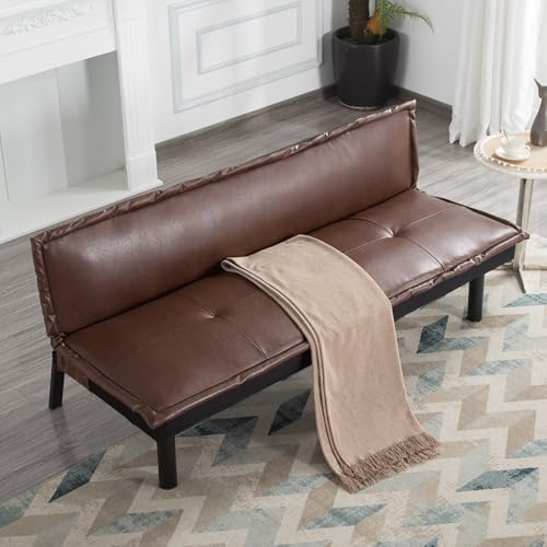Brown Faux Leather Sofa Bed with Full Size Futon Frame, Convertible Reclining Couch with Tufted Backrest, Compact Sleeper Loveseat for Living Room, Guest Room, or Office – 64.6” (PU Leather, Brown) LIMNGZMEENN