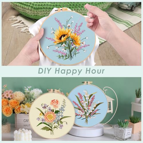 ERKOON Embroidery Kit for Beginners, 5 Sets Flower Cross Stitch Set for Adults Include Embroidery Cloth Hoops Threads for Craft Lover Hand Stitch with Skill Techniques (Bouquet)