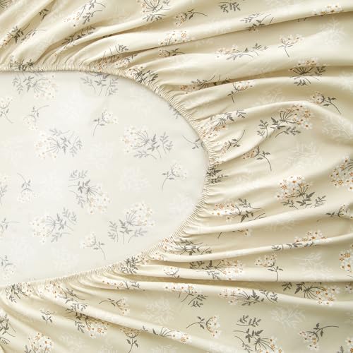 HighBuy Twin Size Fitted Bed Sheet - Boho Floral Luxury Single Fitted Sheet Only - Fits 15 inch Mattress - Extra Soft Deep Pockets Wrinkle Free for Teen College Twin Bed Easy-Fit HighBuy