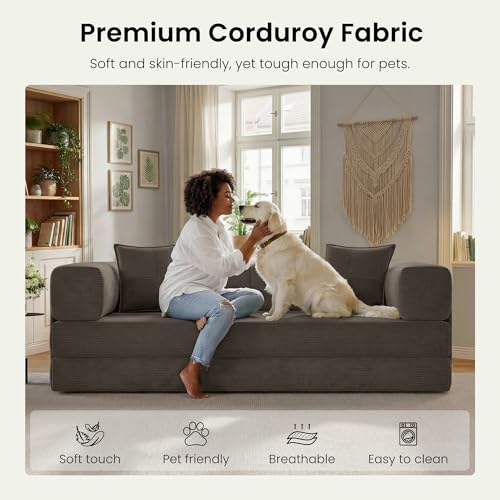 CUBENTE 78.8" Convertible Futon Sofa Bed,Corduroy Futon Couch with Storage Pocket,Folding Pull Out Sofa,No Assembly Boneless Couch for Living Room,Brown CUBENTE