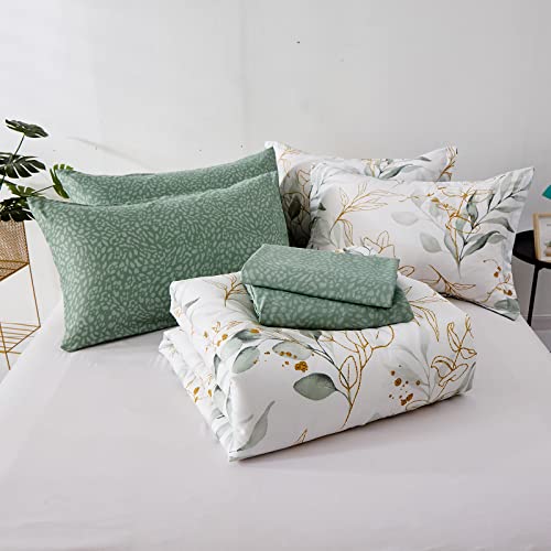 WONGS BEDDING Botanical Comforter Set Full, 7 Pieces Floral Reversible Bed in a Bag Green Leaves Bedding Set Soft Microfiber Full (1 Comforter,2 Pillowcase,2 Pillow Shams,1 Flat Sheet,1 Fitted Sheet) WONGS BEDDING