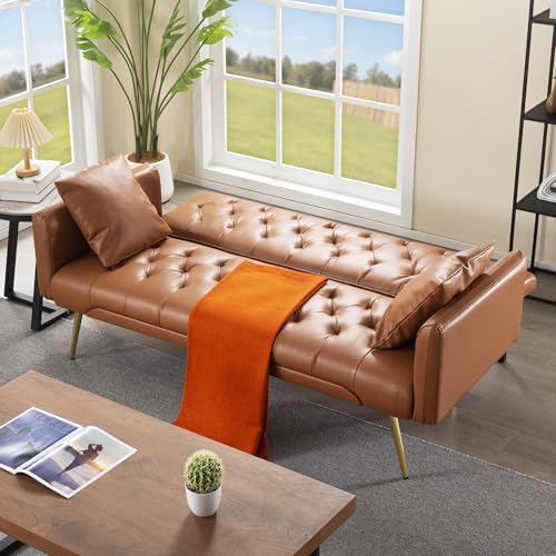 Anwick 72" Modern PU Leather Sofa Bed Futon,Convertible Folding Sleeper Bed Couches with 3 Adjustable Backrests,Tufted Recliner Loveseat with Golden Chrome Legs for Small Living Room Office (Brown) Anwick