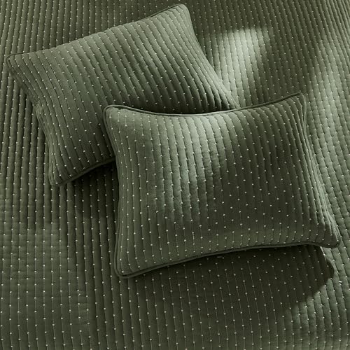 WDCOZY Olive Green Cross Stitch Queen Size Quilt Set, Striped Lightweight Soft Bedspread, Channel Farmhouse Rustic Coverlet, All Season Country Bedding, Thin Comforter WDCOZY