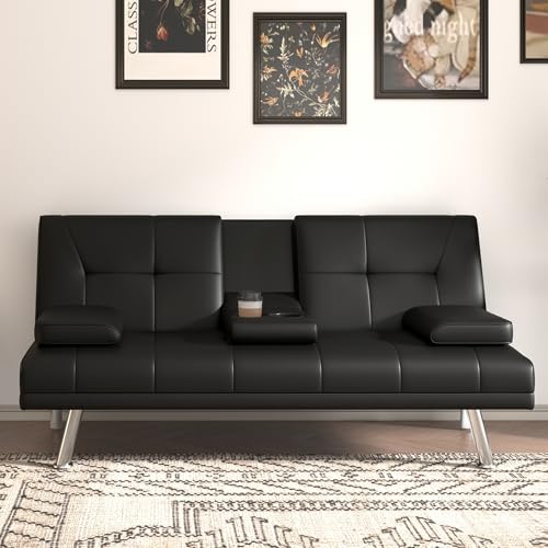 Anwick Convertible Folding Futon Sofa Bed,Modern PU Leather Sleeper Love Seat with 3 Reclining Backrest & Cup Holders,67" Comfy Sofa Couches for Living Room Small Home Office (Black) Anwick