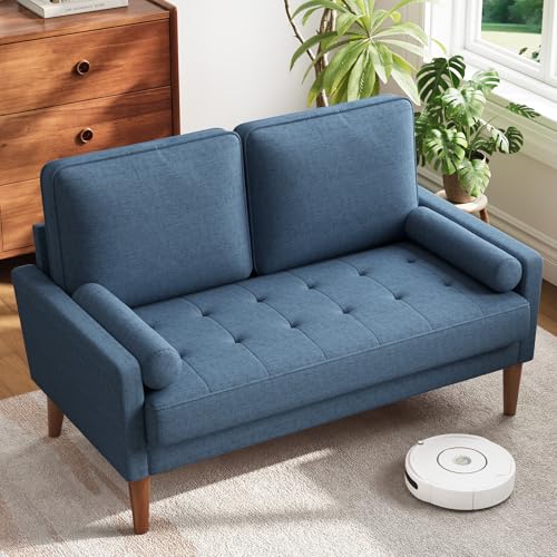 Vesgantti Loveseat Sofa with Solid Wood Legs, 48" Small Couches for Small Spaces, Love Seat for Living Room, Bedroom, Easy Assembly Mid Century Modern Couch with Throw Pillow for Apartment, Blue Vesgantti
