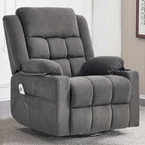 Ketaiyou Swivel Rocker Recliner Chair for Adults with Massage and Heat, Cup Holders and Side Pockets, Glider Rocking Reclining Single Sofa Chair for Living Room(DK Grey)