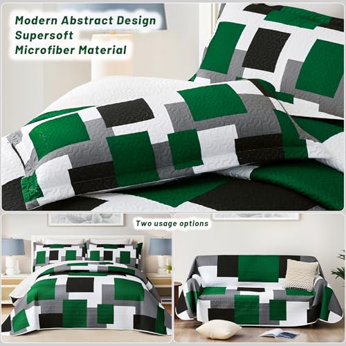 Tyrot 3 Piece Green Quilt Set Full/Queen Size Christmas Green Black Geometric Reversible Bedding Set Microfiber Lightweight Bedspread Coverlet with 2 Shams Modern Bed Cover for All Season, 90''x96'' Tyrot