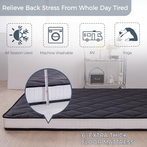 MAXYOYO 6" Extra Thick Futon Mattress Floor Mattress, Twin Size Diamond Pattern Japanese Tatami Pad Roll Up Mat for Adults, Guest, Black MAXYOYO