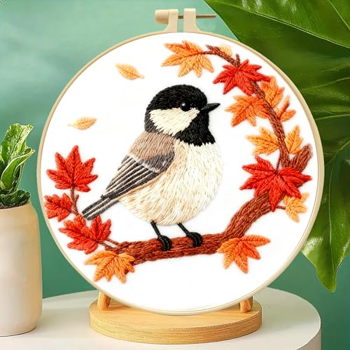 Zhenqing Black-Capped Chickadee Embroidery Kit for Beginners, Pre-Printed 29x29cm Cotton Fabric with 20cm Hoop, Autumn Bird and Maple Leaves Design (C0212)