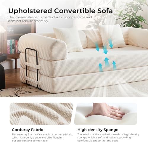 79" Convertible Sofa Bed No Assembly, 5-in-1 Sleeper with Fixed Frame & Corduroy Cloud Cushion, Foldable Futon Couch for Small Apartment, Guest Room, Office (Beige White) Bsxupke