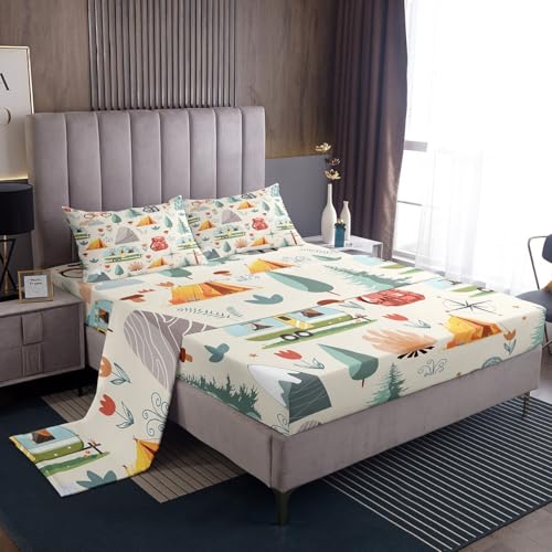 Erosebridal Summer Camp Camper King Bed Sheets for Kids Child Camping Adventure Bedding Set for Boys Girls Bedroom Travel Car Rv Accessories Sheet Set Botanical Flowers Mountain Top Sheet,4 Pcs Erosebridal