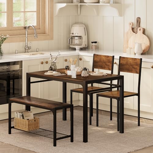 Shahoo Kitchen Table and 2 Chairs for 4 with Bench, 4 Piece Dining Sets for Small Space, Rustic Brown Shahoo