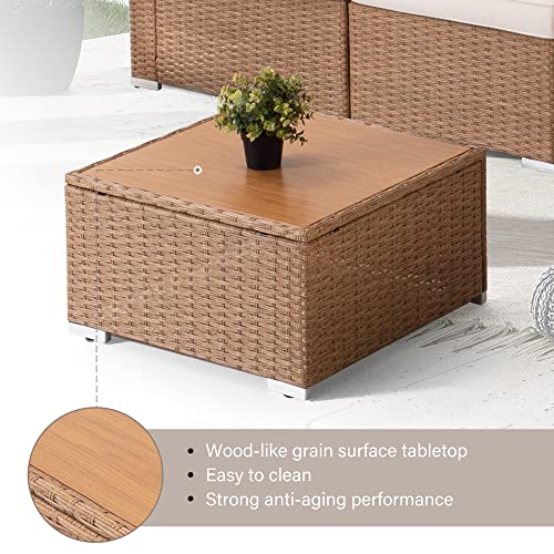 LAUSAINT HOME Outdoor Patio Furniture, 7 Piece Patio Furniture Set PE Rattan Sectional Conversation Sets with Thick Cushions & Wood-Like Coffee Table for Garden, Porch(Beige/Brown Wicker) LAUSAINT HOME