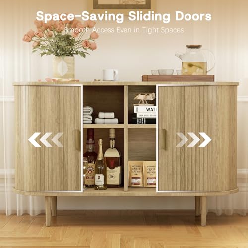 SoarTalent Fluted Sideboard Buffet Cabinet with Storage, 47" Mid-Century Modern Console Table with Sliding Doors, Wood Credenza for Dining Room, Coffee Bar Station, Light Oak SoarTalent