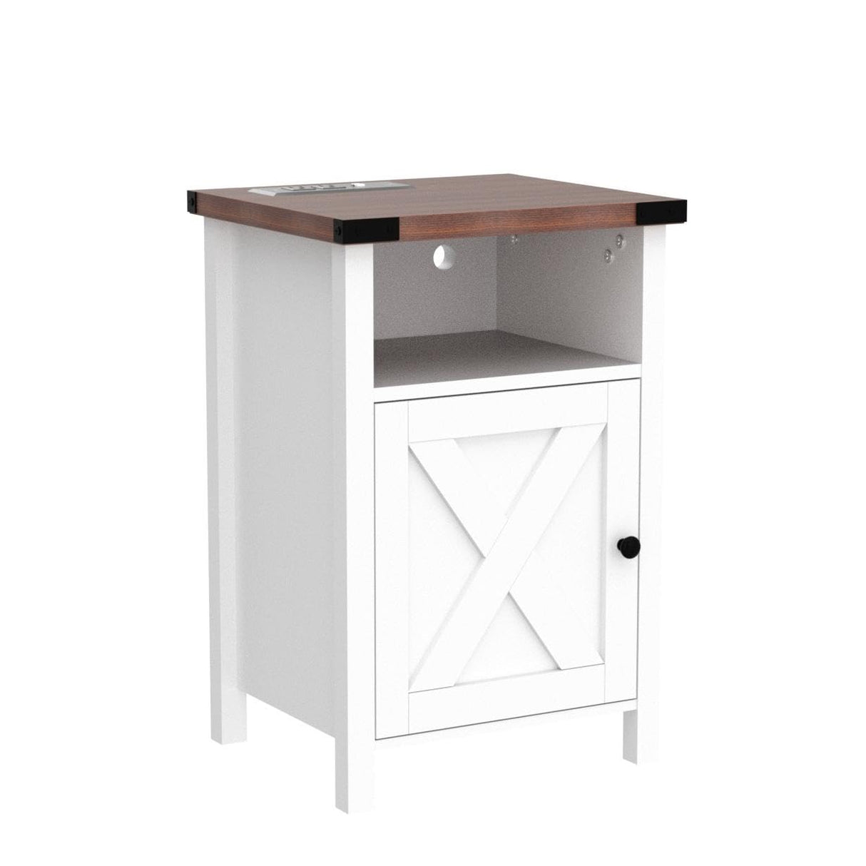 Hlivelood Farmhouse LED Nightstand Set of 2 with Charging Station, Rustic End Table with Barn Door & Storage Shelf, Bedside Table for Bedroom, Living Room, White Hlivelood