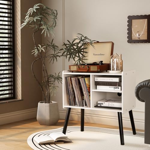 BEROXII Record Player Stand, Mid-Century Record Player Table with Storage Hold Up to 150 Albums , Vinyl Record Cabinet with Adjustable Shelves , Wood Turntable Stand for Living Room Bedroom, (White) BEROXII