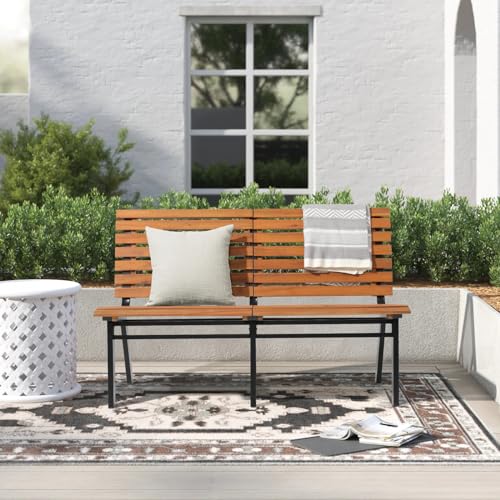 Soleil Jardin Outdoor Acacia Wood Garden Bench with Steel Legs, Patio Porch Chair Furniture, Slatted Design w/Backrest for Lawn, Balcony, Yard