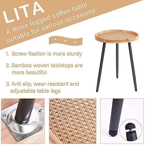 LITA Rattan Log Desktop Round Side End Table, Nightstand/Small Tables, Indoor Outdoor Wooden Tray Table with Metal Stand End Table for Living Room Bedroom Office Small Spaces LITA