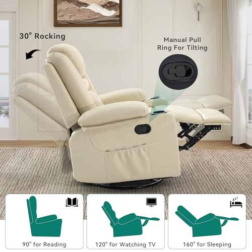YITAHOME Recliner Chair,PU Rocking Chair for Adults,Swivel Recliner with Cup Holders,Heat and Massage,Single Sofa Seat with Side Pockets for Living Room/Bedroom,White YITAHOME