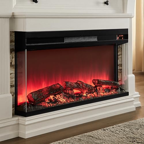 OKD 52 Inch Electric Fireplace with Mantel, Fireplace TV Stand with 36" 3-Sided Glass Electric Fireplace Heater for Living Room (Antique White) OKD
