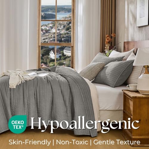 DOWN HOME Twin Quilt Bedding Set with Sham, Vintage Washed Soft Quilted Blanket Thin Comforter Lightweight Bedspread Coverlet Bed Cover, Brushed Microfiber Stripe Stitching, Ash Gray, 66"x92" DOWN HOME