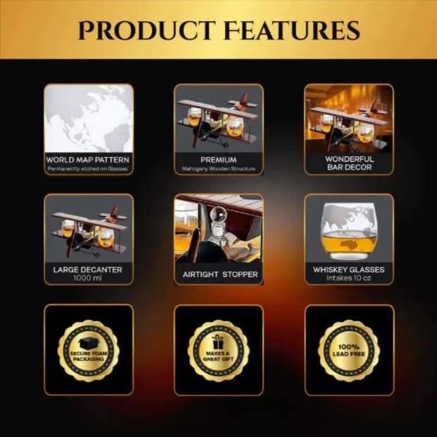 Whiskey & Wine Decanter Airplane Set and Glasses Antique Wood Airplane - The Wine Savant Whiskey Gift Set and 2 Airplane Glasses, Pilot Gift Moving Parts- Alcohol Related Gift, BAR DECOR Large 21" The Wine Savant