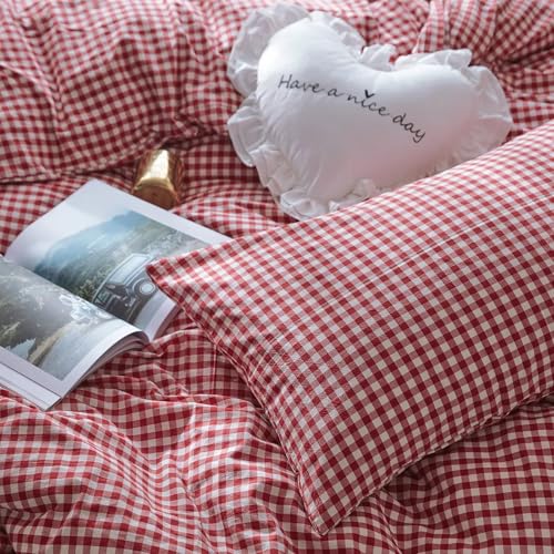 mixinni Red Gingham Comforter Set Twin XL, Plaid Comforter Set 3 Pieces 1 Red Grid Comfoter with 2 Pillow Cases for All Seasons, Soft Fluffy Modern Grid Pattern Printed Bedding-Twin XL Size mixinni