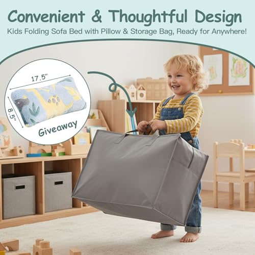 Tiita Kids Folding Sofa Bed Floor Mattress, Trifold Futon Mattress Kids Fold Up Bed, Toddler Fold Out Couch Beds, Foldable Toddler Floor Beds Nap Mat with Storage Bag, Green Dinosaur Tiita