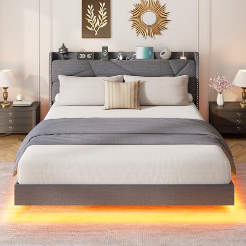 GarveeHome Queen Floating Bed Frame with LED Lights & Charging Station, Upholstered Platform Beds with Storage Headboard & Folding Shelves Storage, Metal Slats Support, No Box Spring Needed, Grey GarveeHome