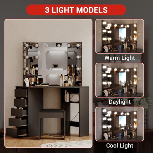MilleLoom Corner Vanity Desk with Mirror and Led Lights - Makeup Table with 5 Drawers, Shelves, and Vanity Stool - Perfect for Bedroom or Bathroom, Black MilleLoom