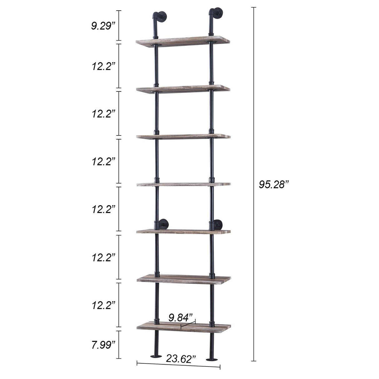 HOMBAZAAR Industrial Pipe Bookshelf,7 Tier Pipe Shelving,Wall Mounted Ladder Shelves with Metal Frame for Home Office,Living Room,Oak Brown HOMBAZAAR