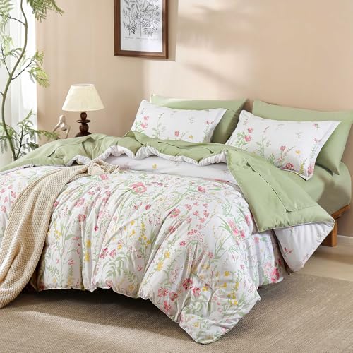 Yiran 7 Piece Pink Green Floral Comforter Set King Size, Cute Botanical Comforters Lightweight Coquette Bedding Set Flower Bed in a Bag Soft Farmhouse Bedding Set with Sheets for Women Yiran