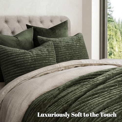 PHF Luxury Velvet Quilt Set Twin Size – 2PCS Ultra Soft Quilted Comforter Alternative with Striped Channel, Cozy Quilted Bedspread, 1 Coverlet with 1 Matching Sham, 68" x 92", Smokey Olive PHF