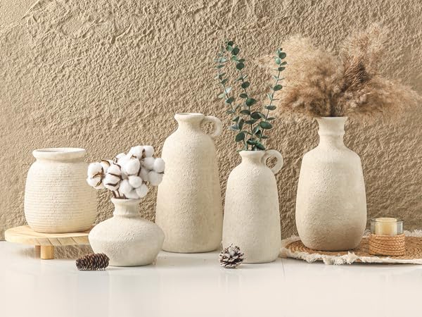 Ceramic Flower Vase, 7.48 Inch White Rustic Farmhouse Decorative Vase Pottery Wide-Mouth Vases for Home Decor Table Living Room Entryway Mantel Bookshelf Bedroom Bathroom Kitchen ooit